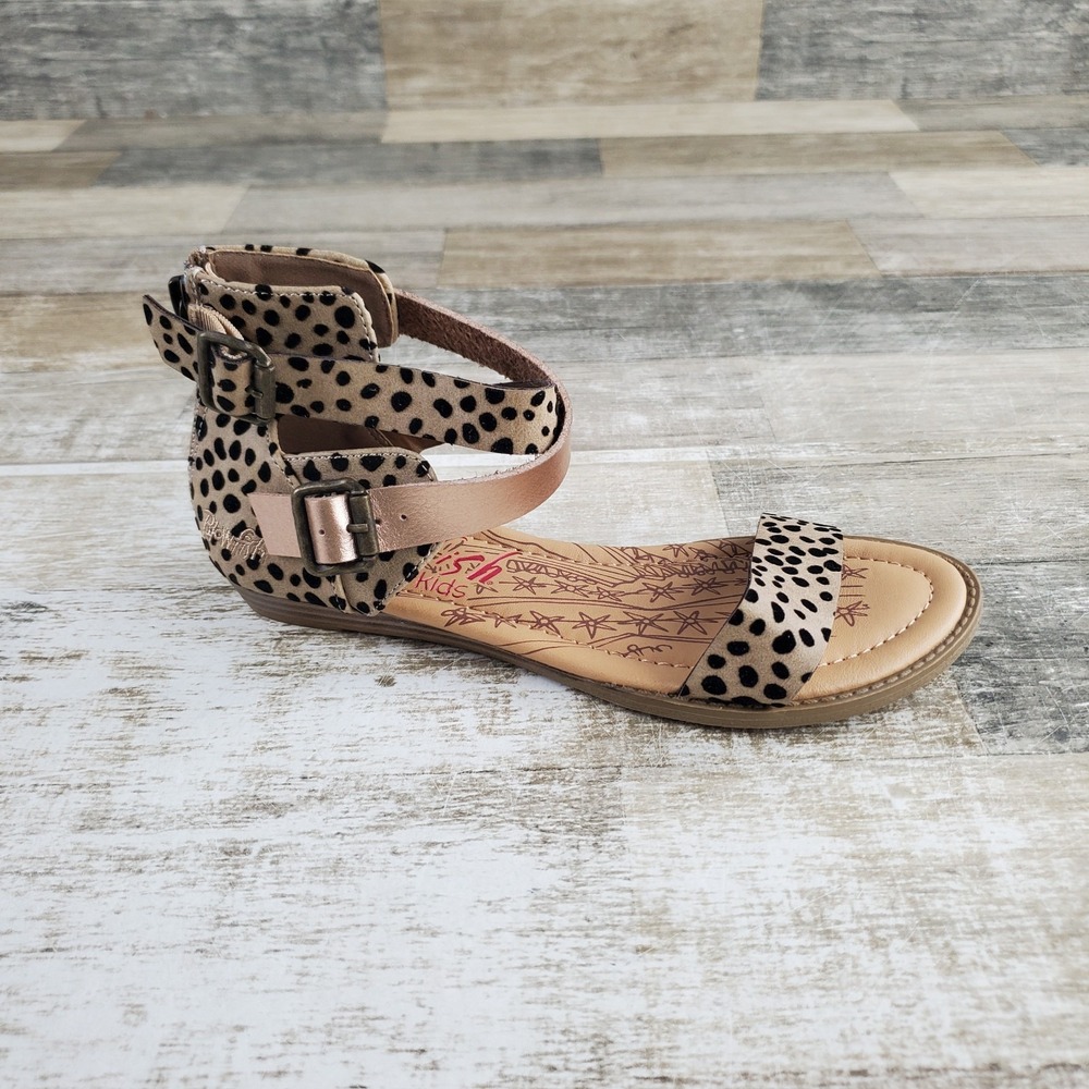 Blowfish Malibu Belia Girls Flat Sandal Sz 4 Tan Leopard Back Zip Ankle Strap